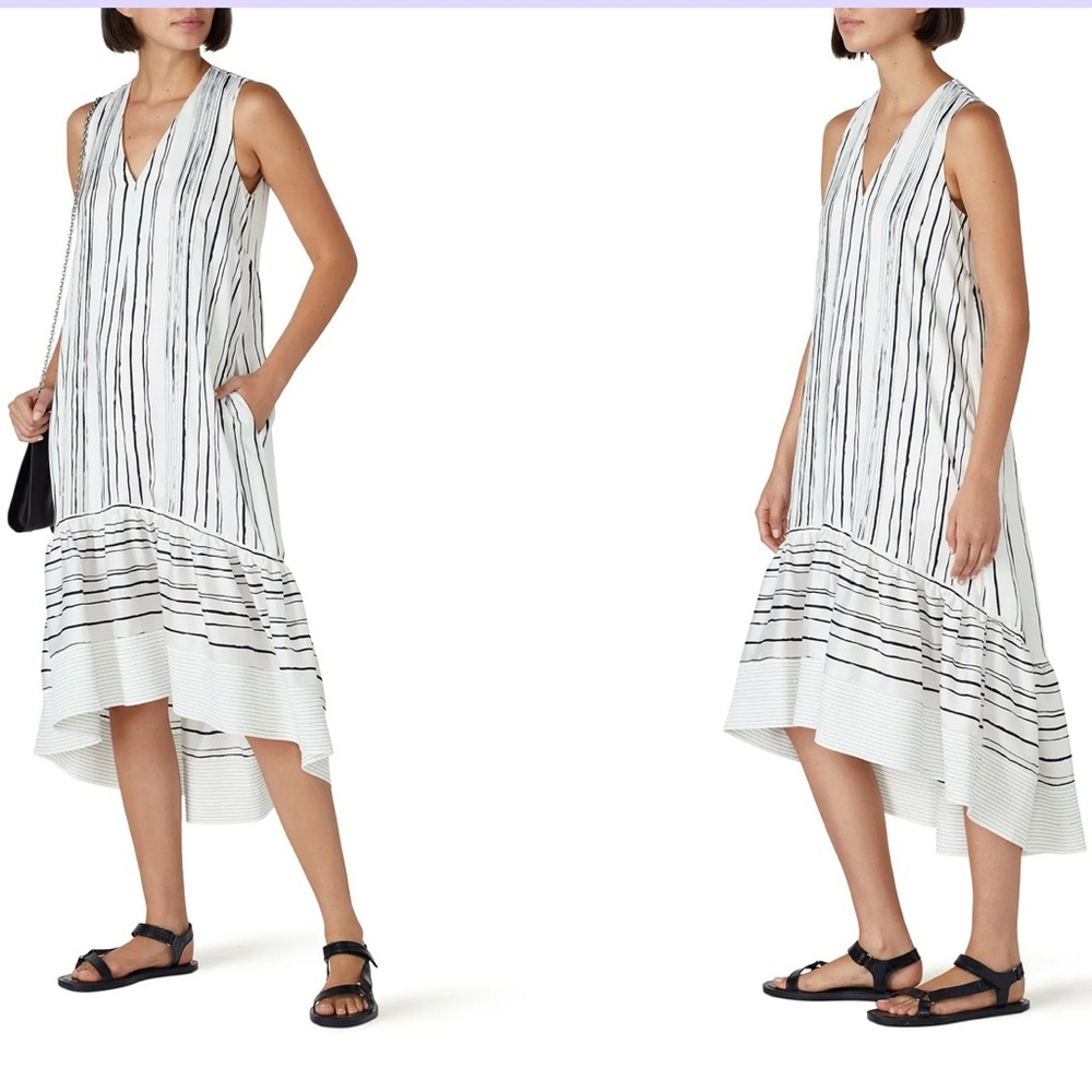EUC 3.1 Phillip Lim‎ High-Low Painted Dress White Black Stripe Size 8 versatile